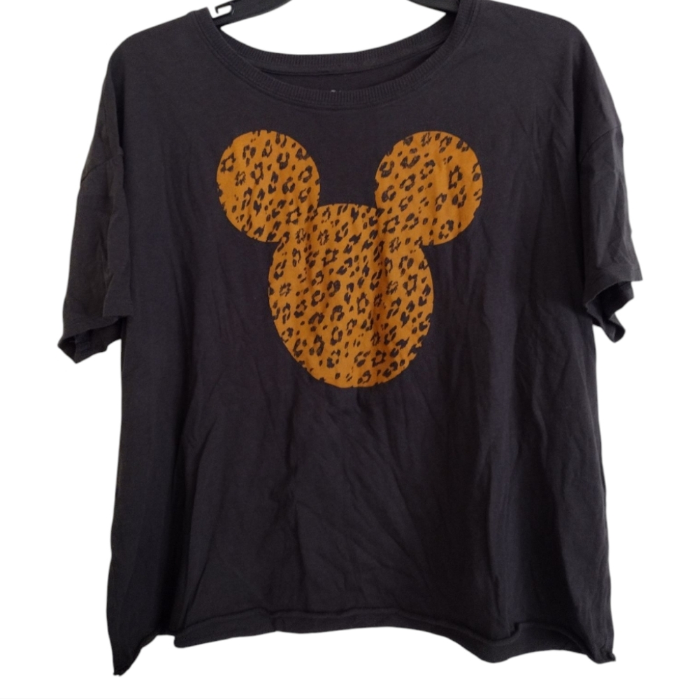 Disney Leopard Print Mickey Logo Black Tan T-Shirt Size 2XL